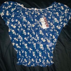 NWT Bongo Medium Blue Floral Sheer Stretchy Frill Puff Sleeve Shirred Blouse